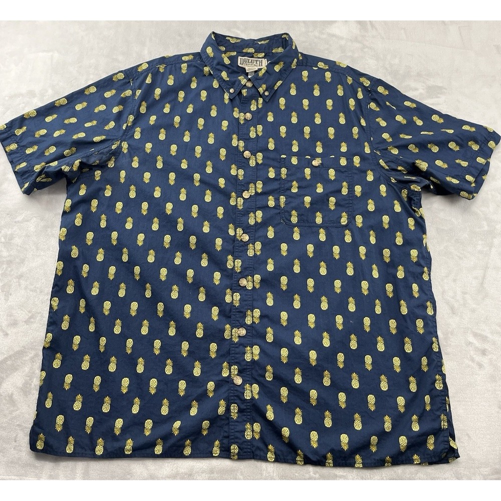Duluth Trading Shirt Men 2XL Tall Navy Pineapple All Over Print Relaxed Fit
